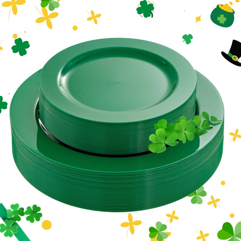 FLOWERCAT 60PCS Green Plates & St. Patrick's Day Plates - Heavy Duty Dark Green plates Disposable for St. Patrick's Party&Easter- Include 30PCS 10.25" Dinner Plates & 30PCS 7.5" Dessert Plates - Image 1