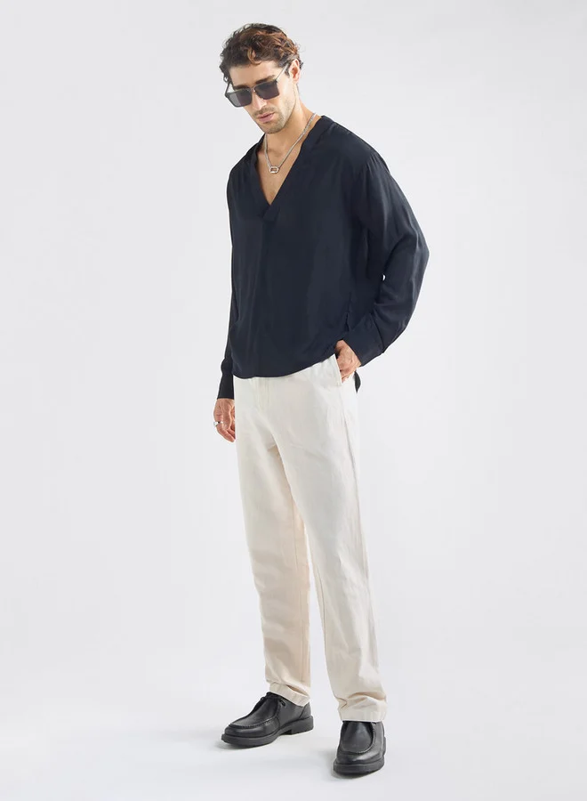 Splash FAV Relaxed Fit Solid Shirt with V-neck and Long Sleeves