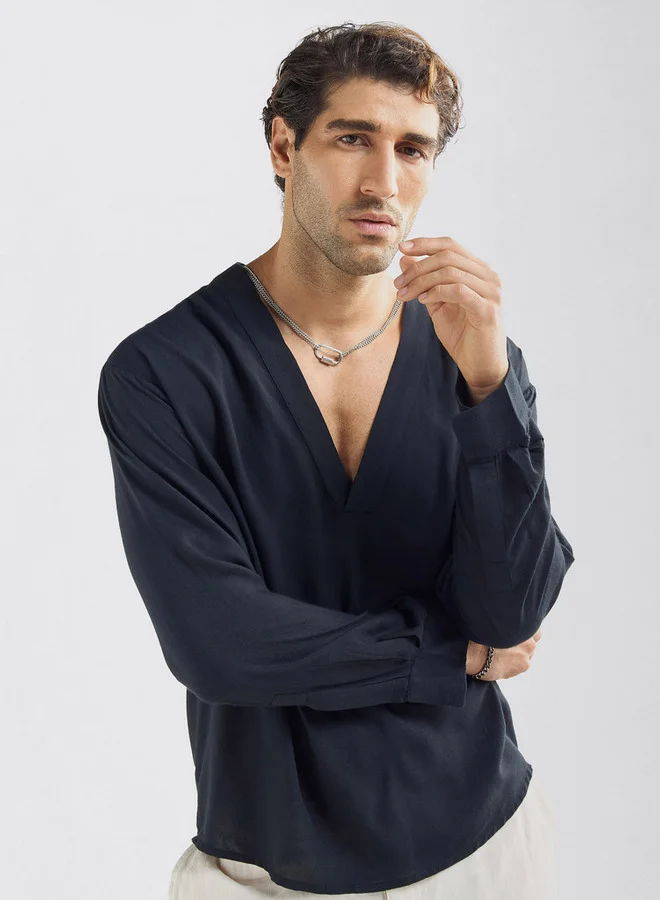 Splash FAV Relaxed Fit Solid Shirt with V-neck and Long Sleeves