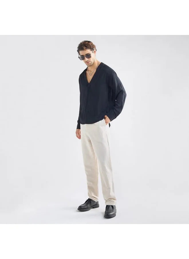 FAV Relaxed Fit Solid Shirt with V-neck and Long Sleeves