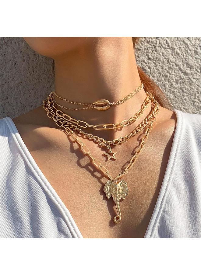 European And American New Geometric Disc Tassel Necklace Alloy Buckle Ring Rhinestone Tassel Pendant 4 Layer Necklace