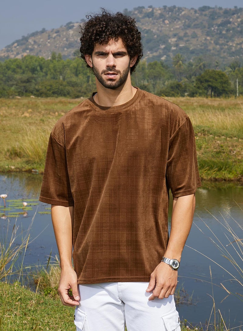Campus Sutra Men's Chocolate Brown Tartan-Plaid Oversized T-Shirt  - Image 2