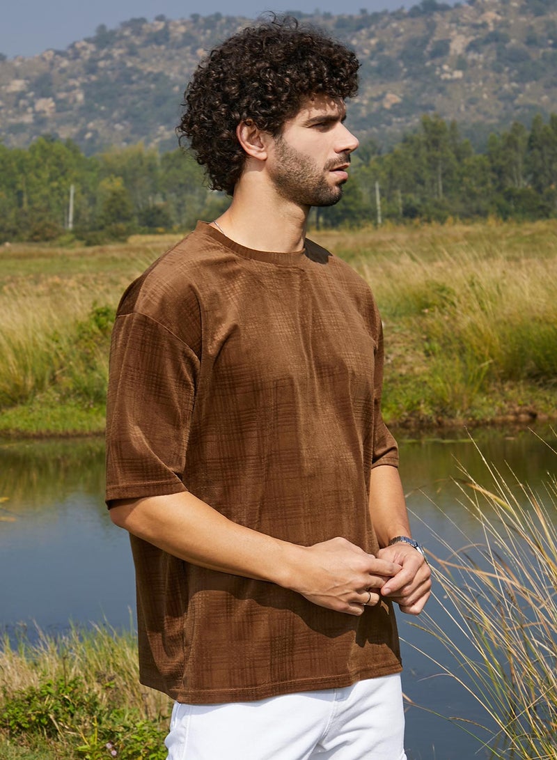 Campus Sutra Men's Chocolate Brown Tartan-Plaid Oversized T-Shirt  - Image 3