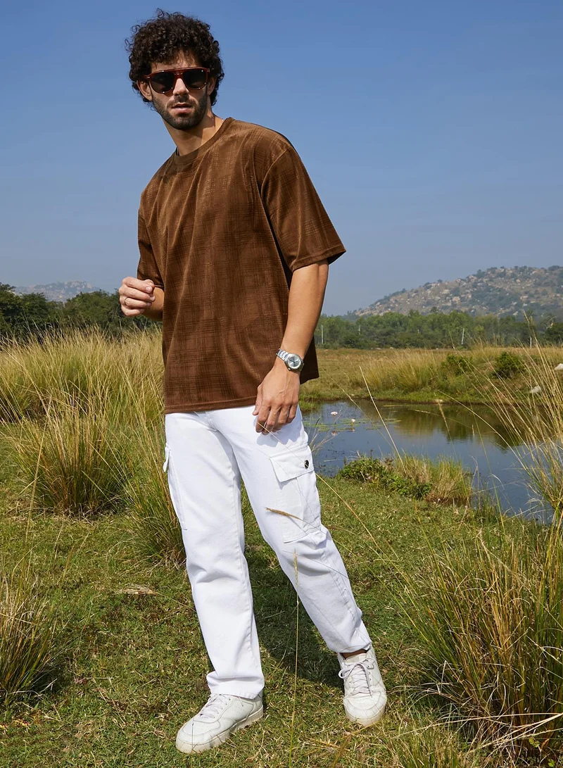 كامبوس سوترا Men's Chocolate Brown Tartan-Plaid Oversized T-Shirt