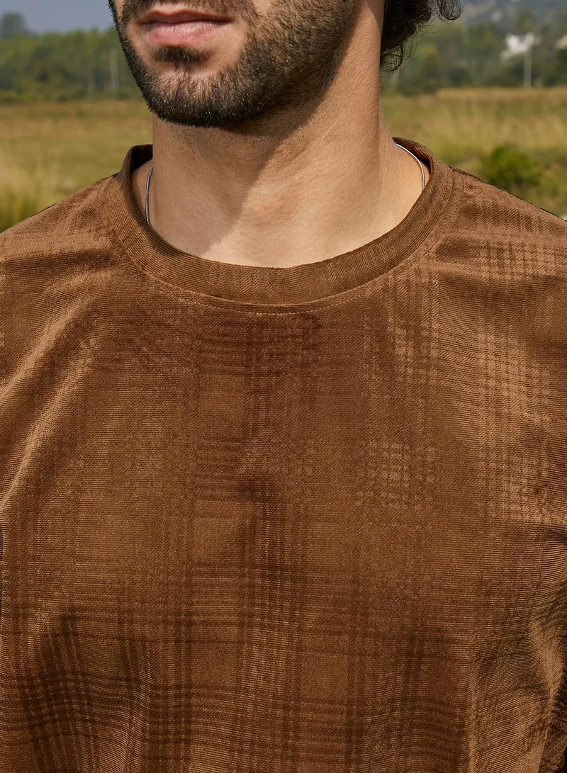 كامبوس سوترا Men's Chocolate Brown Tartan-Plaid Oversized T-Shirt
