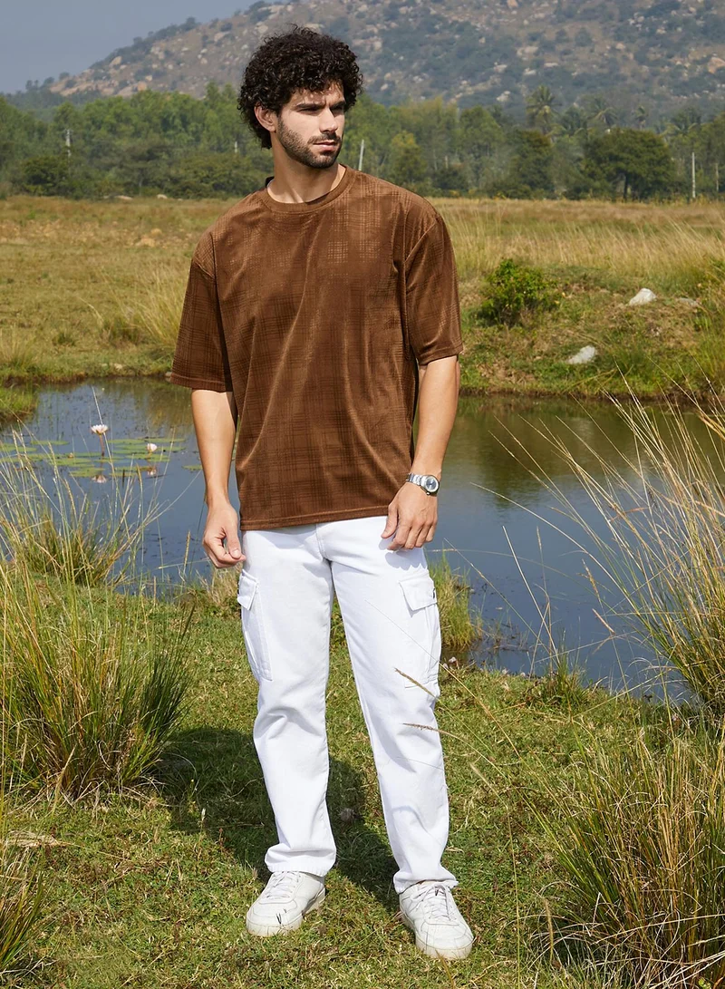 كامبوس سوترا Men's Chocolate Brown Tartan-Plaid Oversized T-Shirt