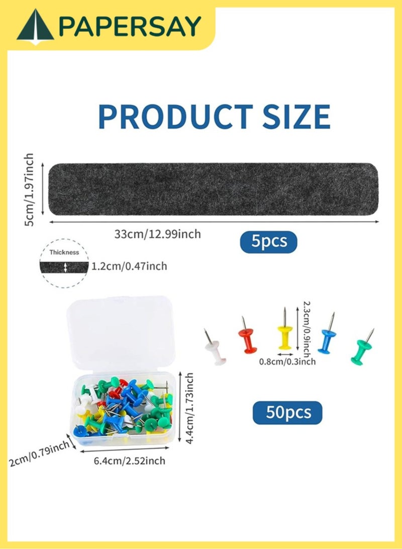PAPERSAY 5 Pack Bulletin Board Strips, Felt Pin Board Bar with 50 Push Pins Self-Adhesive Felt Bulletin Board for Office School Home Wall Decoration, for Organize Memo, Photos, Display  - Image 2