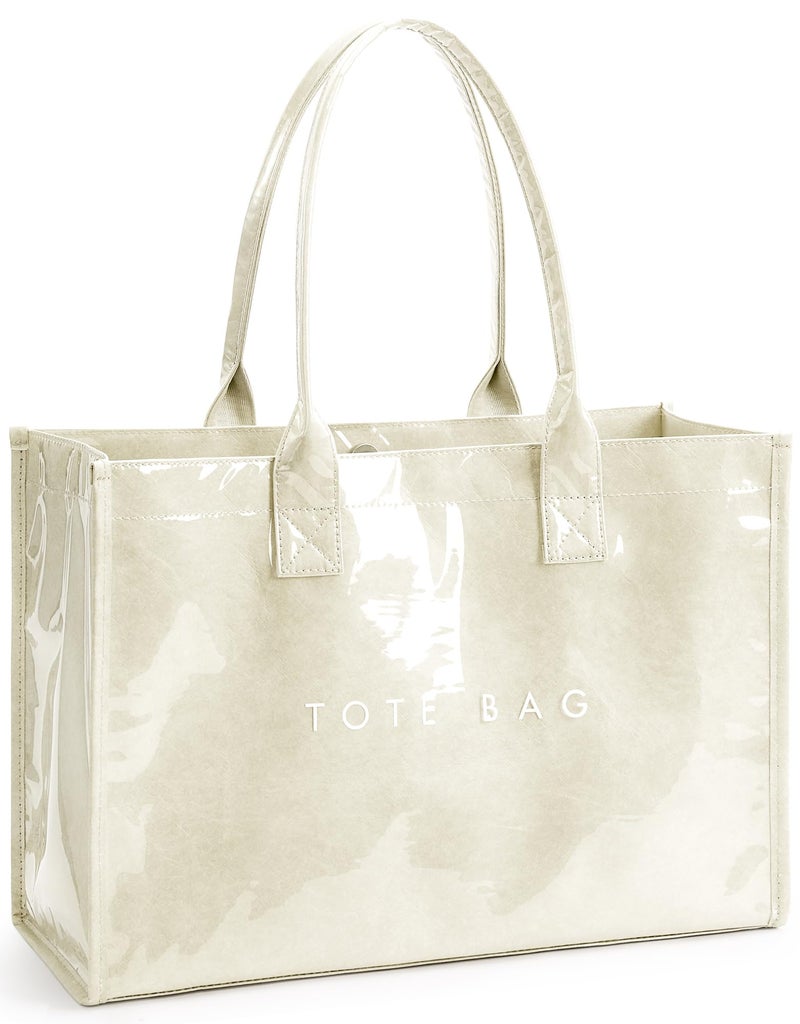 KALIDI FANCY FOREST KALIDI PVC Tote Bag Womenâ€™s Kraft Paper Work Handbags Purses with Top Handle,Beige - Image 1