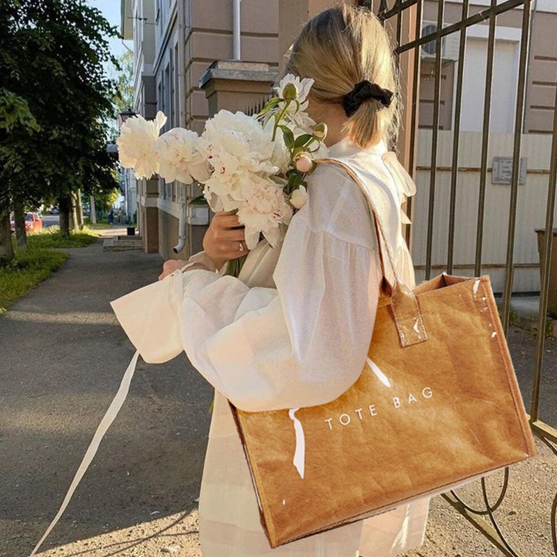 KALIDI FANCY FOREST KALIDI PVC Tote Bag Womenâ€™s Kraft Paper Work Handbags Purses with Top Handle,Beige - Image 3