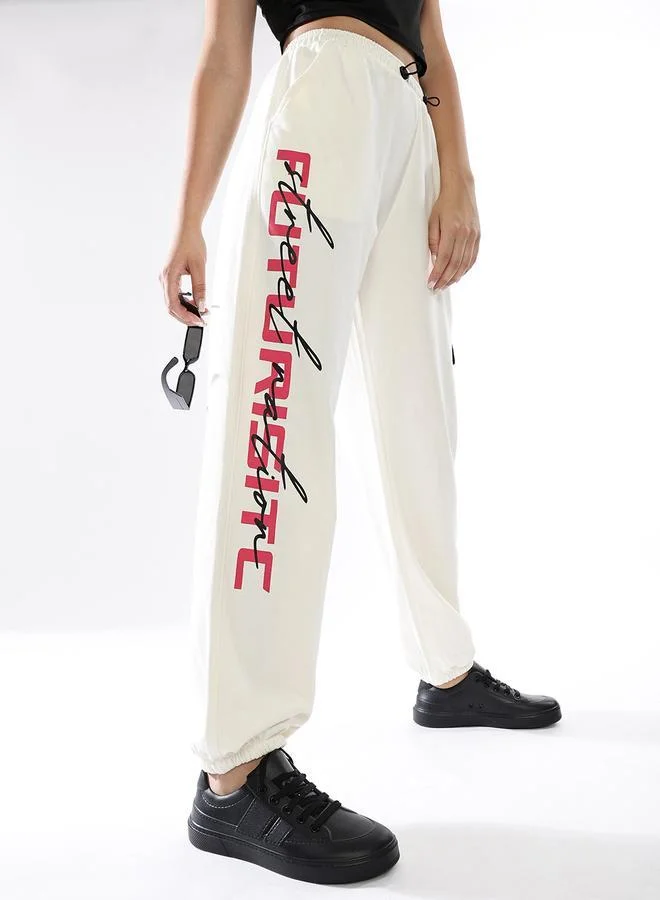 Hubberholme Women's Off White Terry Printed Regular Length Jogger Track Pant