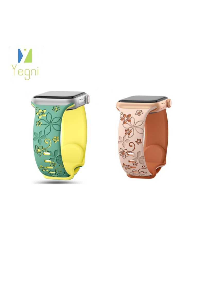 Yegni 2PCS Suitable for Apple iWatch floral bauhinia laser-engraved silicone watch band Apple Watch 3D engraved watch band - Image 1