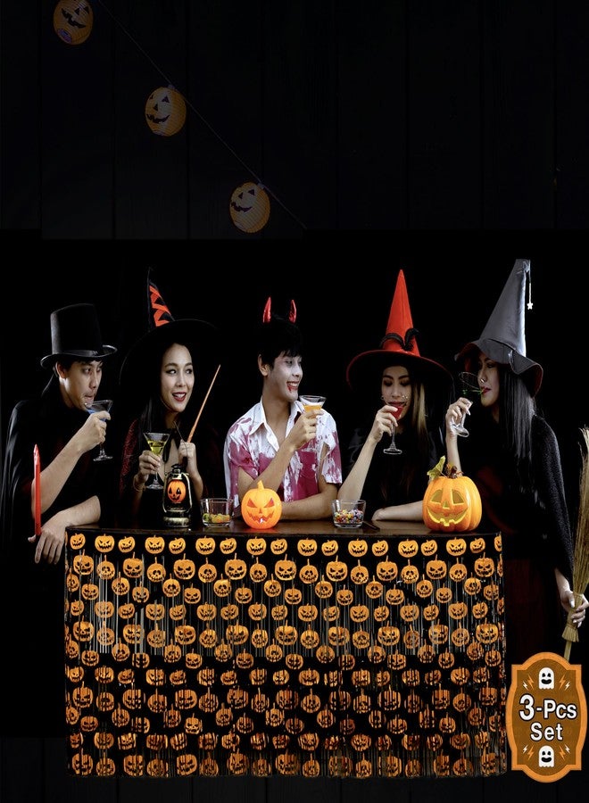 BASHOUT Halloween Metallic Table Skirt | (3 Pcs) Spooky Pumpkins Table Skirts | 108” Long x 29” Inch Tall Halloween Party Table Decoration | Black Tinsel with Orange Pumpkins Design | Scary Fun Decor |BASHOUT - Image 4