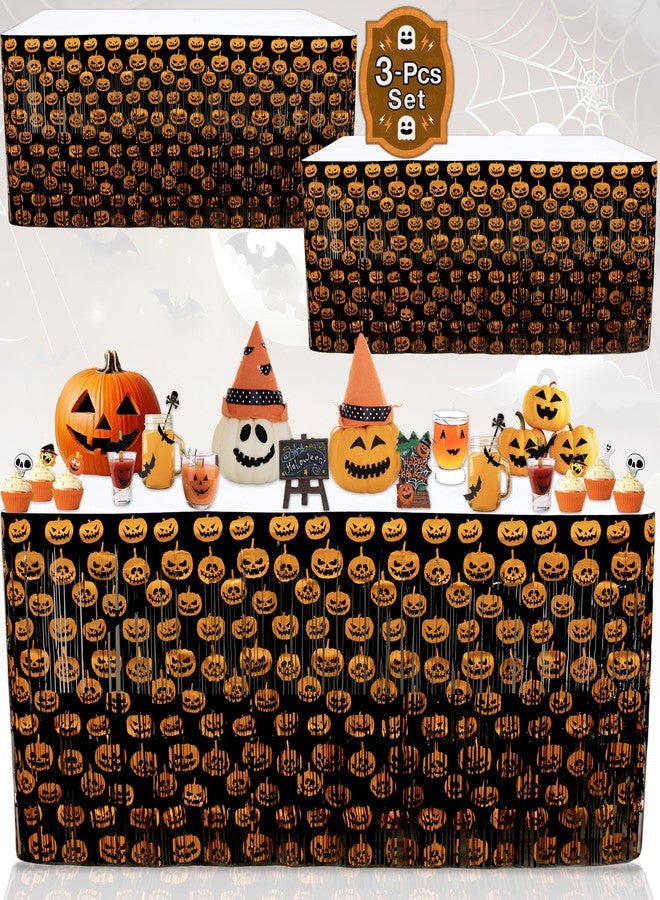 BASHOUT Halloween Metallic Table Skirt | (3 Pcs) Spooky Pumpkins Table Skirts | 108” Long x 29” Inch Tall Halloween Party Table Decoration | Black Tinsel with Orange Pumpkins Design | Scary Fun Decor |BASHOUT - Image 1