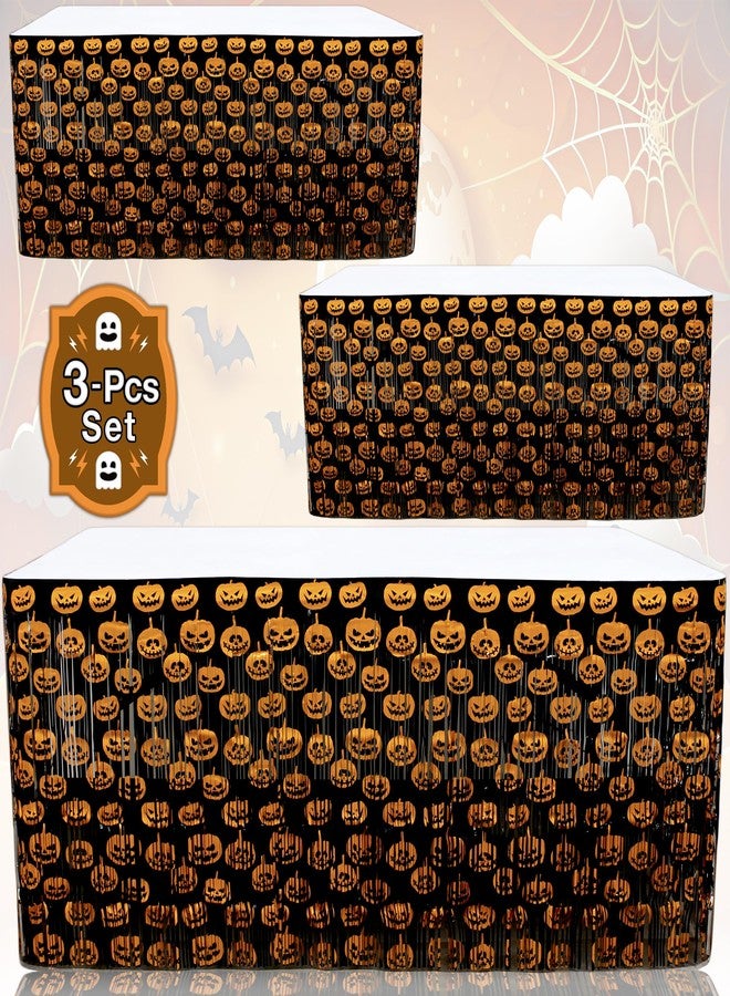 BASHOUT Halloween Metallic Table Skirt | (3 Pcs) Spooky Pumpkins Table Skirts | 108” Long x 29” Inch Tall Halloween Party Table Decoration | Black Tinsel with Orange Pumpkins Design | Scary Fun Decor |BASHOUT - Image 2