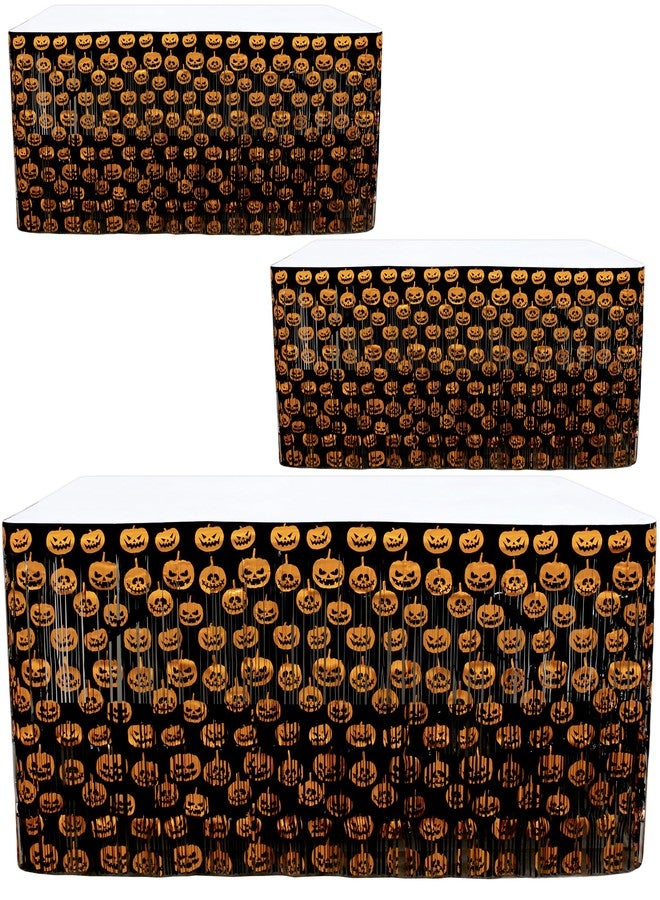 BASHOUT Halloween Metallic Table Skirt | (3 Pcs) Spooky Pumpkins Table Skirts | 108” Long x 29” Inch Tall Halloween Party Table Decoration | Black Tinsel with Orange Pumpkins Design | Scary Fun Decor |BASHOUT - Image 5