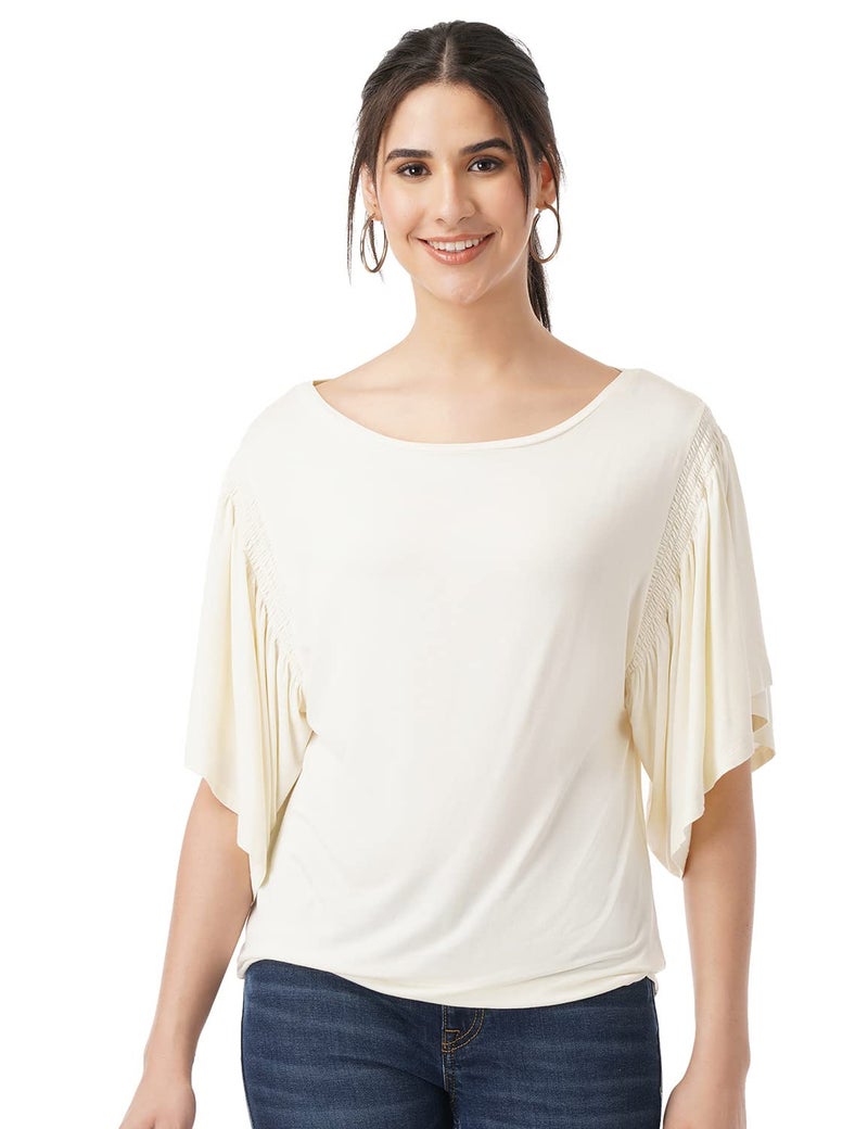 FYLTR Women's Top with Flare Sleeves & Boat Neck | Tops for Women | Tops for Women Western (Ivory White, M) - Image 1