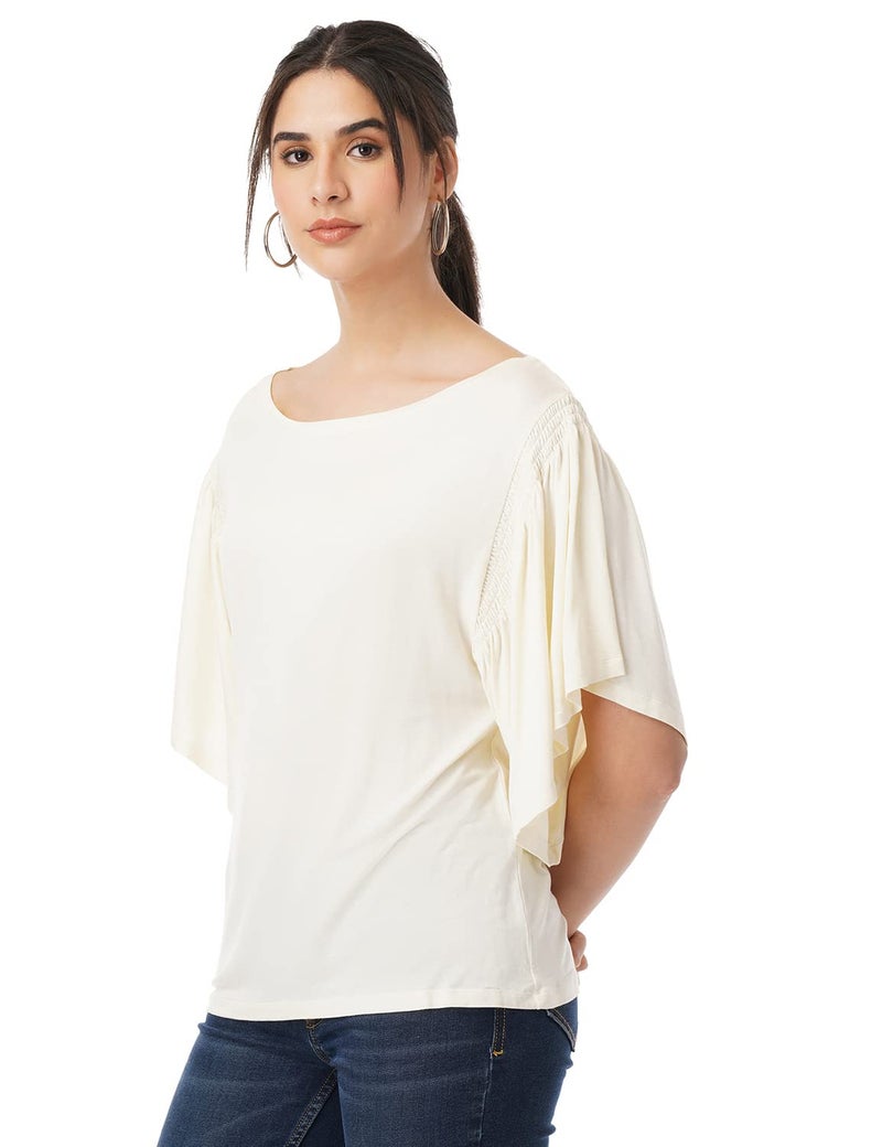 FYLTR Women's Top with Flare Sleeves & Boat Neck | Tops for Women | Tops for Women Western (Ivory White, M) - Image 3