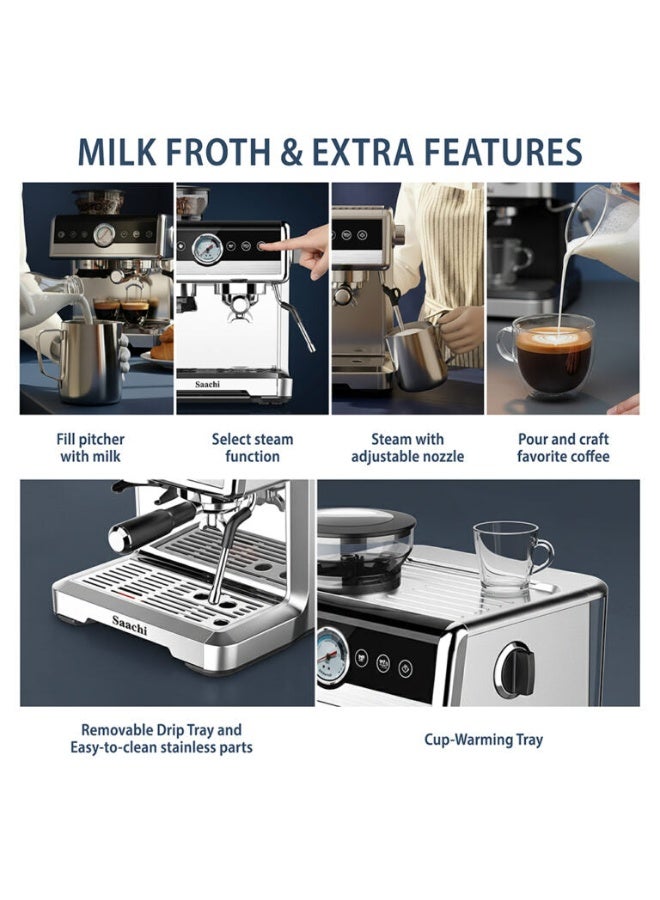 Saachi 20-Bar Coffee Maker with Grinder NL-COF-7069-ST, 2.6L Water Tank, 220g Bean Hopper, PID Temp Control, Espresso, Cappuccino & Latte 2.6 L 2250 W NL-COF-7069-ST Silver - Image 4