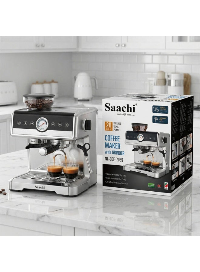 Saachi 20-Bar Coffee Maker with Grinder NL-COF-7069-ST, 2.6L Water Tank, 220g Bean Hopper, PID Temp Control, Espresso, Cappuccino & Latte 2.6 L 2250 W NL-COF-7069-ST Silver - Image 2