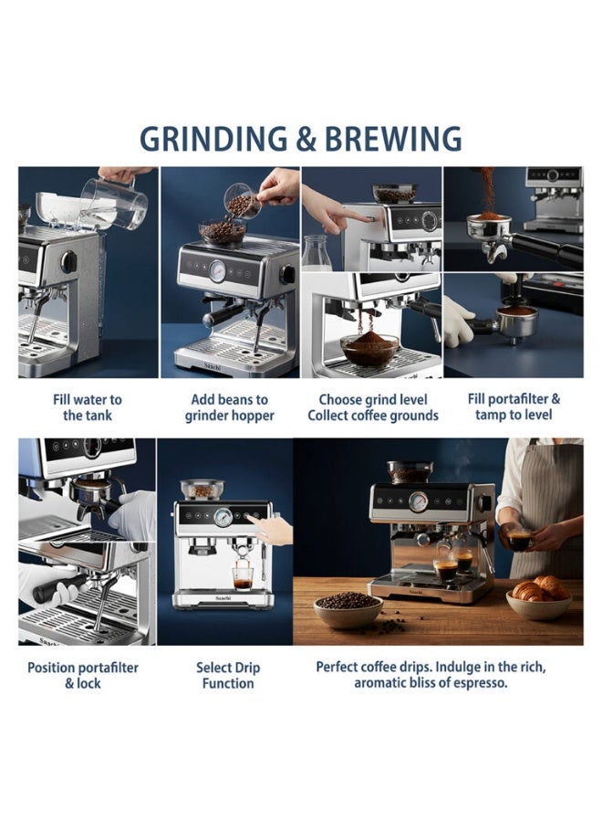 Saachi 20-Bar Coffee Maker with Grinder NL-COF-7069-ST, 2.6L Water Tank, 220g Bean Hopper, PID Temp Control, Espresso, Cappuccino & Latte 2.6 L 2250 W NL-COF-7069-ST Silver - Image 5