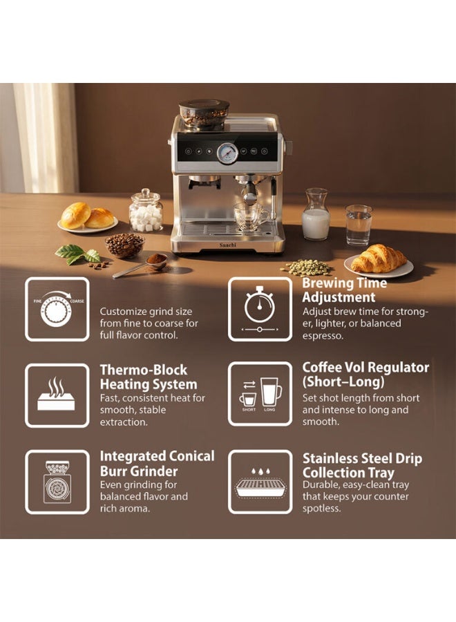 Saachi 20-Bar Coffee Maker with Grinder NL-COF-7069-ST, 2.6L Water Tank, 220g Bean Hopper, PID Temp Control, Espresso, Cappuccino & Latte 2.6 L 2250 W NL-COF-7069-ST Silver - Image 3
