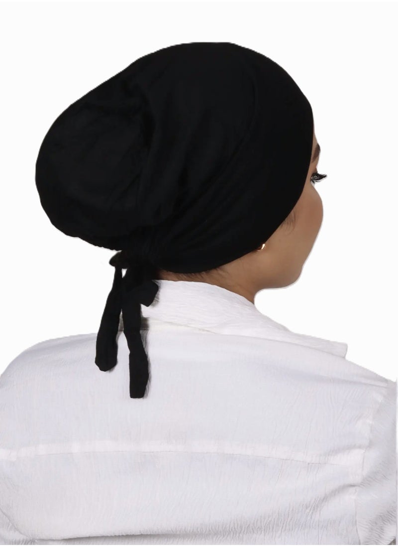 Perfectory Women's Jersey Turban Cap with Tie-Back Closure, Muslim Head Wrap Bonnet- Black  - Image 2