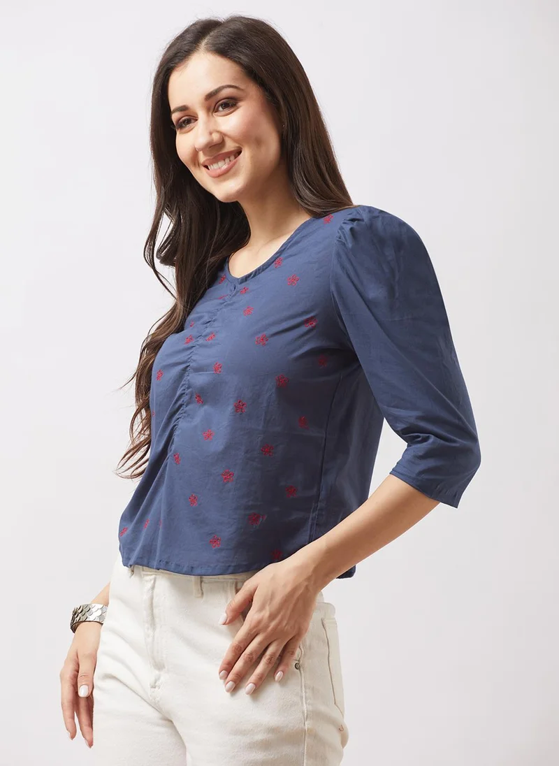globus Globus Women Blue Puff Sleeves Floral Embroidered Gathered Detail Top