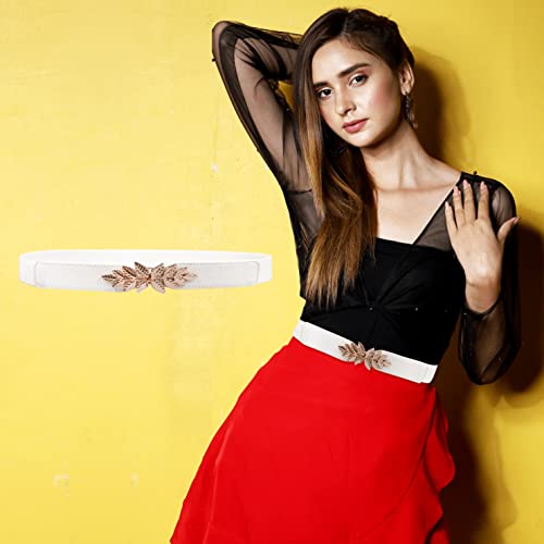 REDHORNS Elastic Fabric Waist Belt for Women Dresses Leaf Design Stretchy Slim Ladies Belt for Saree Girls Jeans - Free Size (LD22WT_White) - Image 4