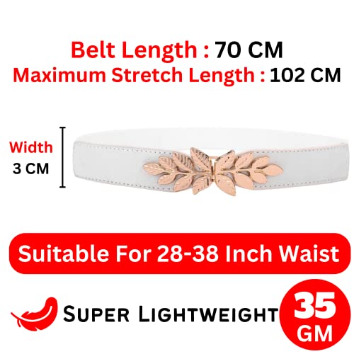 REDHORNS Elastic Fabric Waist Belt for Women Dresses Leaf Design Stretchy Slim Ladies Belt for Saree Girls Jeans - Free Size (LD22WT_White) - Image 3