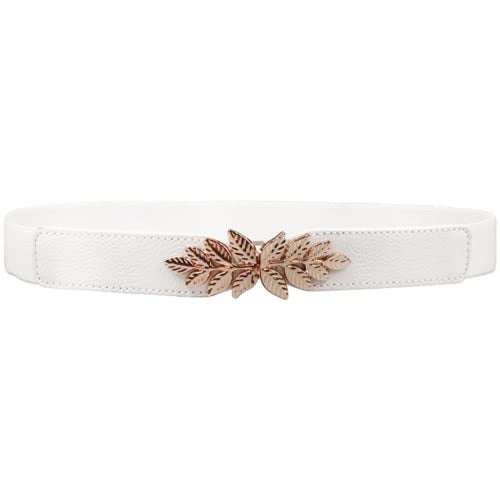 REDHORNS Elastic Fabric Waist Belt for Women Dresses Leaf Design Stretchy Slim Ladies Belt for Saree Girls Jeans - Free Size (LD22WT_White) - Image 1