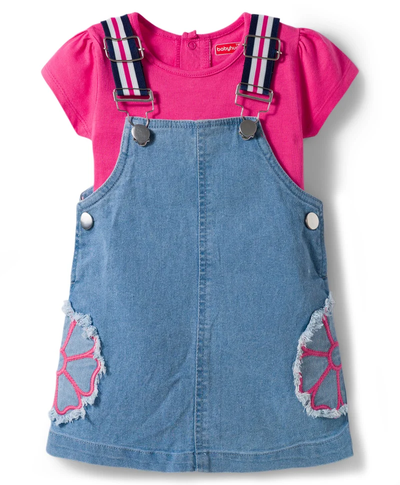 Babyhug Babyhug Denim Woven Sleeveless Frock with Inner T-Shirt & Floral Embroidery - Blue