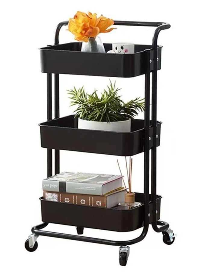 wowofa Storage rack, movable 3-Tier Rolling Shelves Metal Cart Organizer Black 86x45x37cm，Suitable for living room, kitchen, bedroom - Image 1