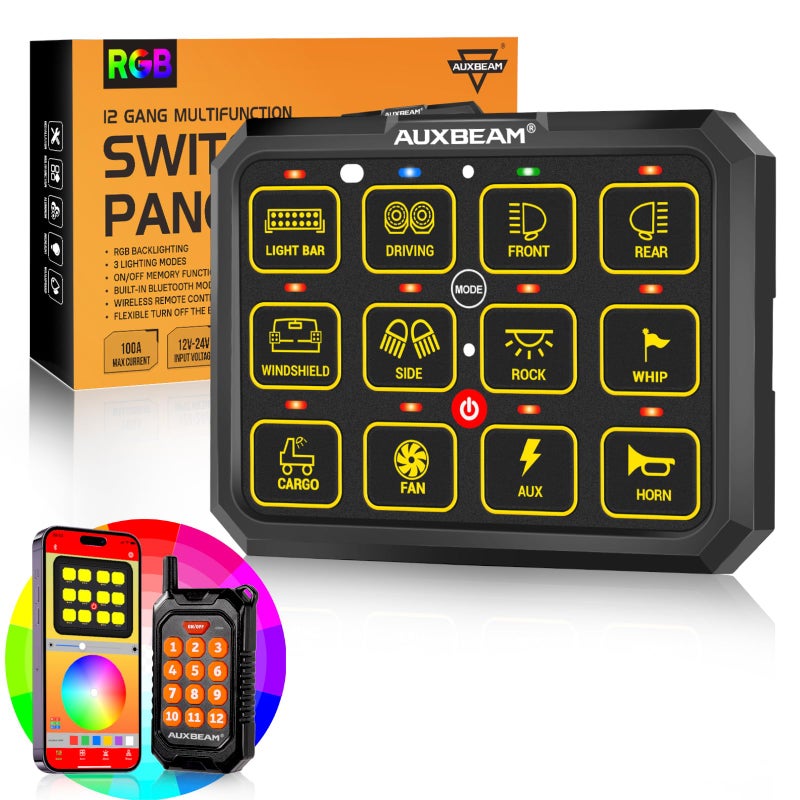 لوحة مفاتيح Auxbeam 12 Gang مع بلوتوث RGB AC1200 مع التحكم عن بُعد عبر التطبيق، مفتاح مؤقت، مفتاح نبضي، إيقاف، إضاءة خلفية للشاحنة، الطرق الوعرة 1224V، مقاومة للماء، ضمان لمدة عامين، تسجيل براءة اختراع