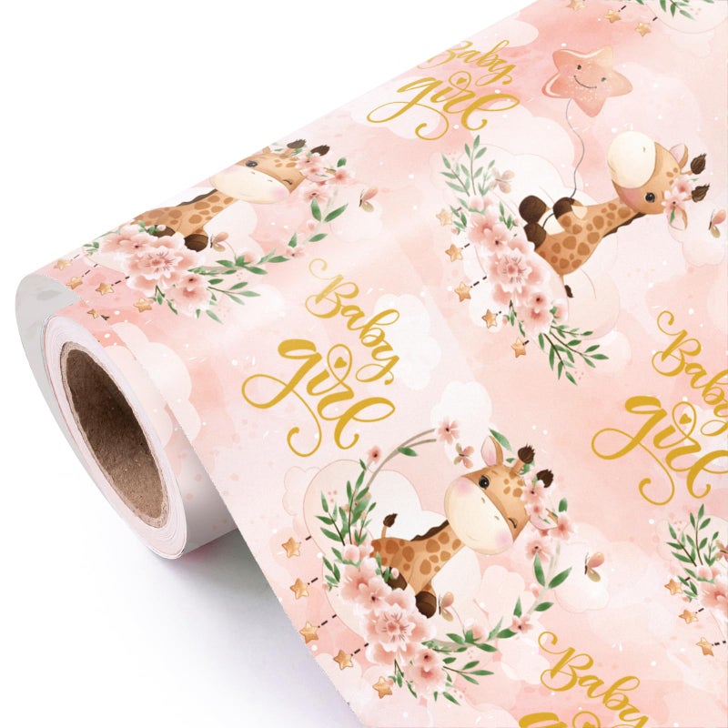 WRAPAHOLIC Baby Girl Wrapping Paper Roll - Mini Roll - 17 Inch x 9.8 Feet - Cute Giraffe and Baby Girl Lettering Design, Perfect for Baby Shower, Party, Holiday - Image 1