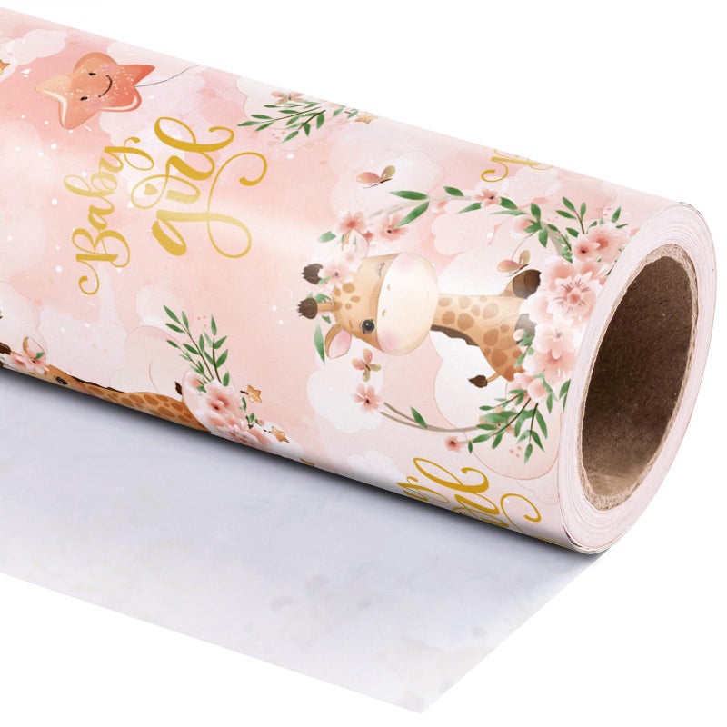 WRAPAHOLIC Baby Girl Wrapping Paper Roll - Mini Roll - 17 Inch x 9.8 Feet - Cute Giraffe and Baby Girl Lettering Design, Perfect for Baby Shower, Party, Holiday - Image 3