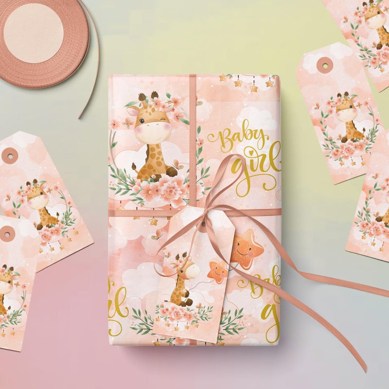 WRAPAHOLIC Baby Girl Wrapping Paper Roll - Mini Roll - 17 Inch x 9.8 Feet - Cute Giraffe and Baby Girl Lettering Design, Perfect for Baby Shower, Party, Holiday - Image 4