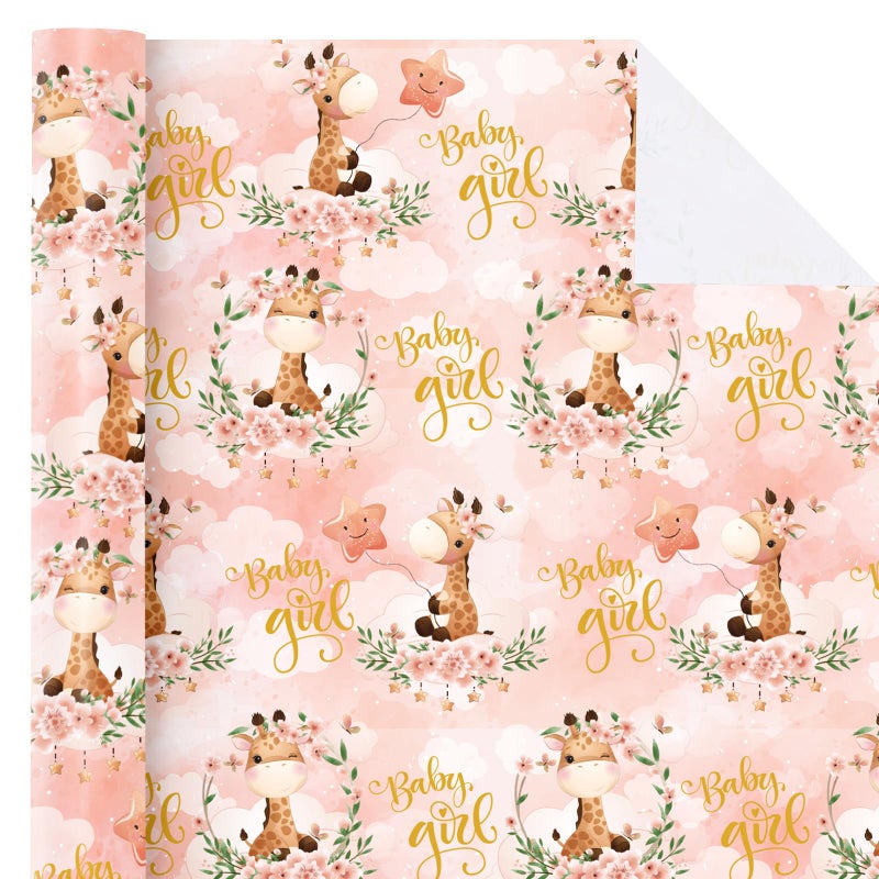 WRAPAHOLIC Baby Girl Wrapping Paper Roll - Mini Roll - 17 Inch x 9.8 Feet - Cute Giraffe and Baby Girl Lettering Design, Perfect for Baby Shower, Party, Holiday - Image 2