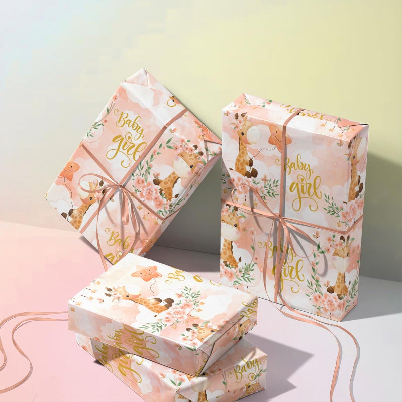 WRAPAHOLIC Baby Girl Wrapping Paper Roll - Mini Roll - 17 Inch x 9.8 Feet - Cute Giraffe and Baby Girl Lettering Design, Perfect for Baby Shower, Party, Holiday - Image 5
