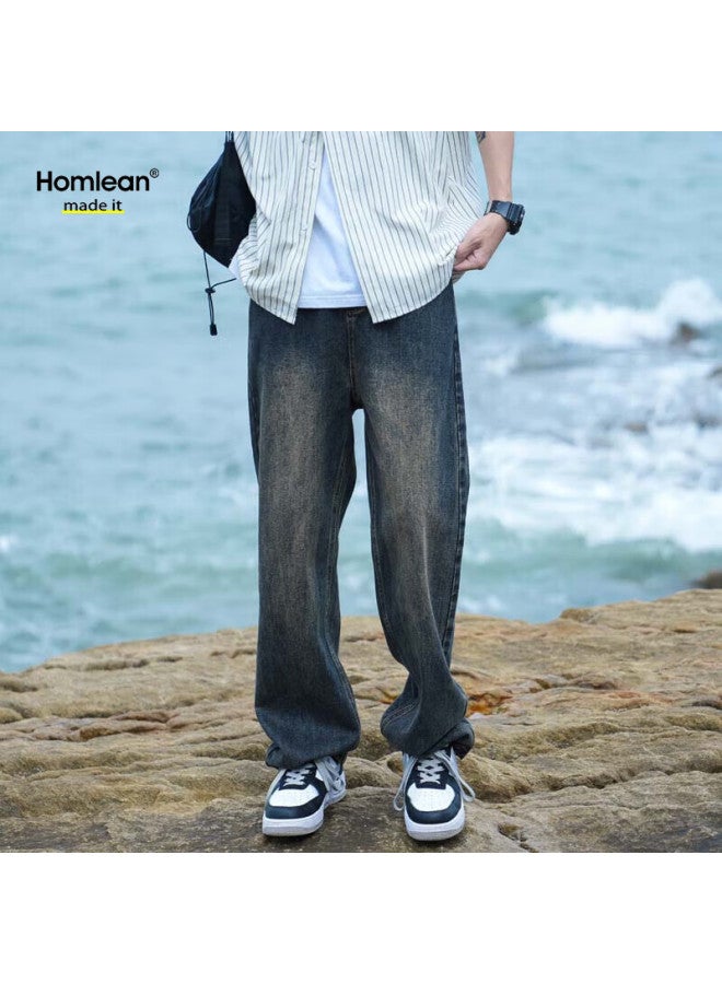 Homlean Men's Winter Vintage Jeans Simple Retro Loose Straight Wide-leg Pants K3306 Blue 3XL - Image 4