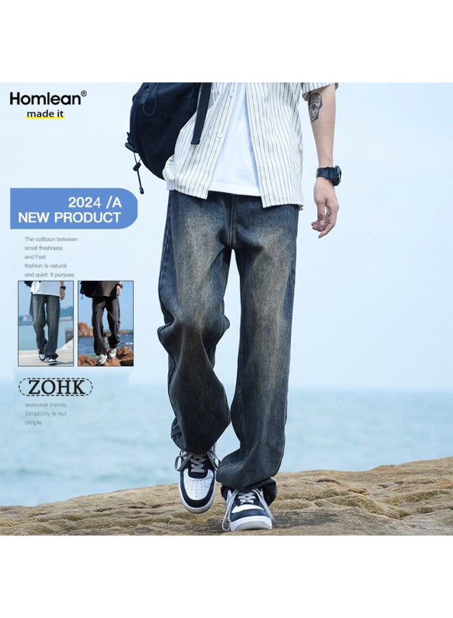 Homlean Men's Winter Vintage Jeans Simple Retro Loose Straight Wide-leg Pants K3306 Blue 3XL - Image 1