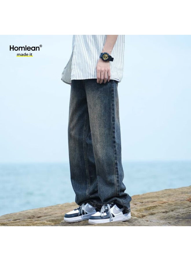 Homlean Men's Winter Vintage Jeans Simple Retro Loose Straight Wide-leg Pants K3306 Blue 3XL - Image 2