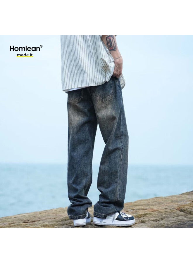 Homlean Men's Winter Vintage Jeans Simple Retro Loose Straight Wide-leg Pants K3306 Blue 3XL - Image 3