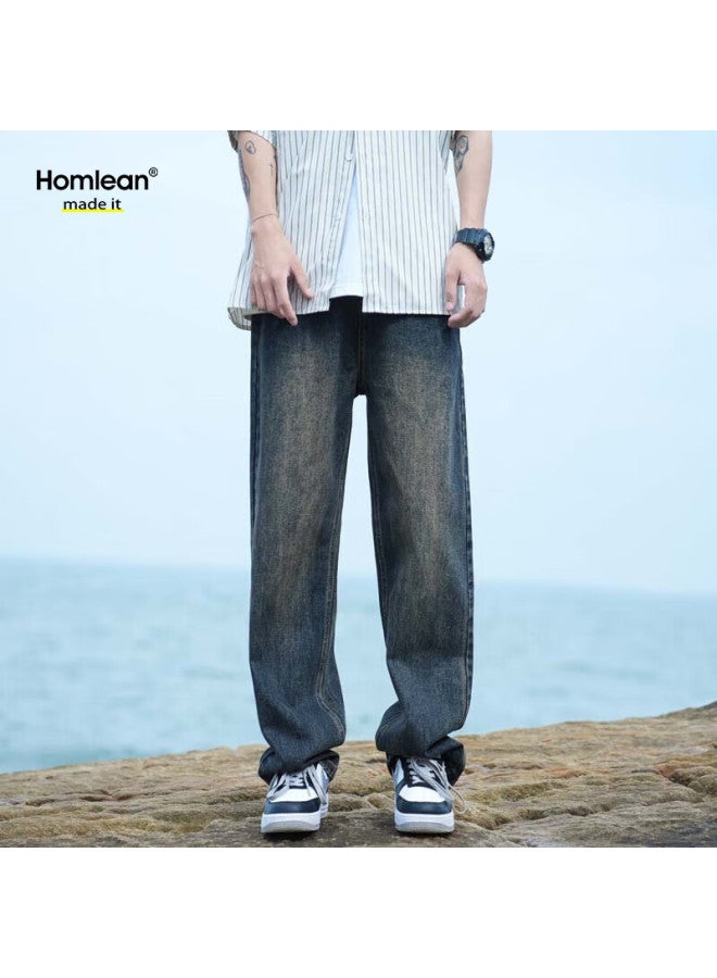 Homlean Men's Winter Vintage Jeans Simple Retro Loose Straight Wide-leg Pants K3306 Blue 3XL - Image 5