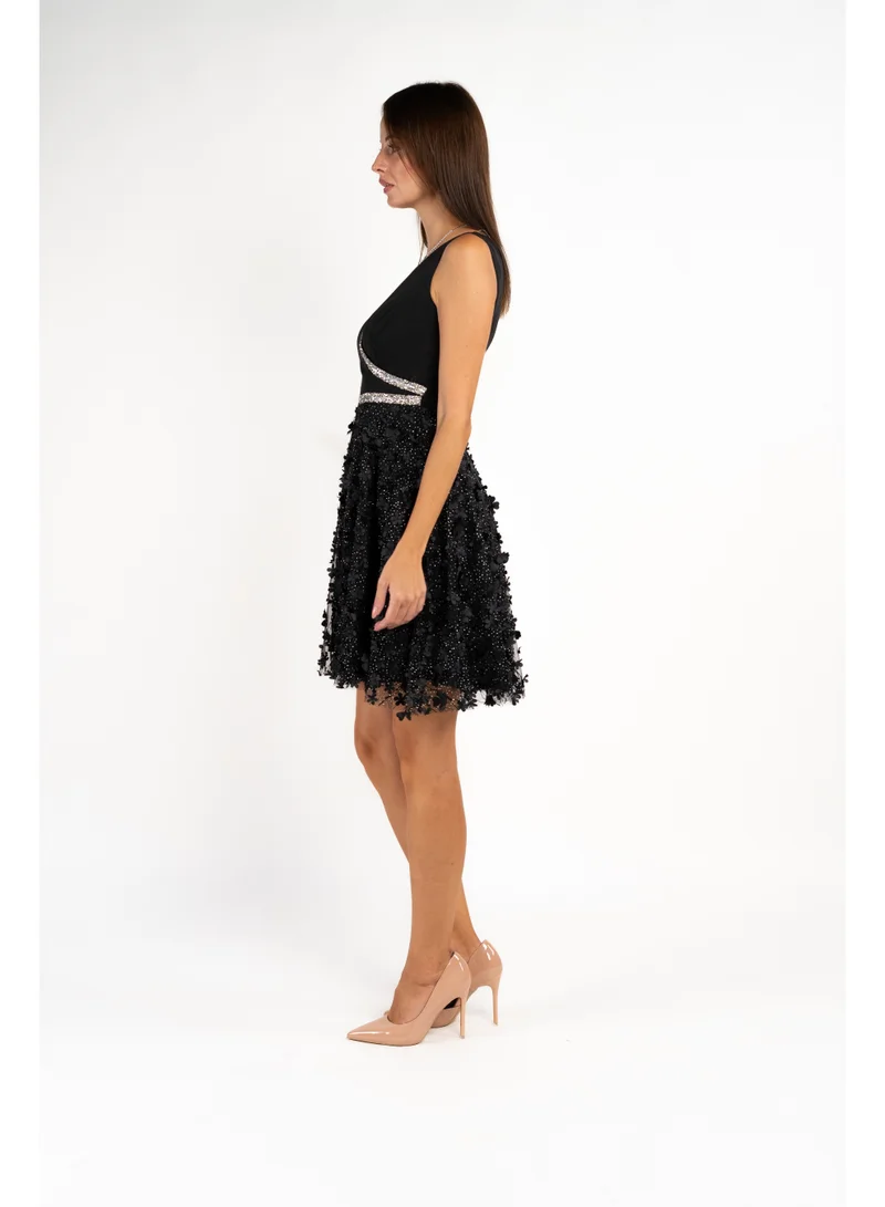 فاشونارا Black And Silver Cross Embossed Dress With A-Line Skirt