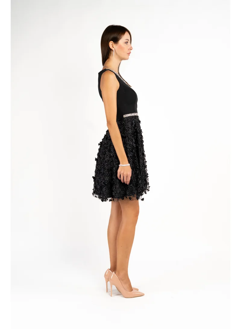 فاشونارا Black And Silver Cross Embossed Dress With A-Line Skirt