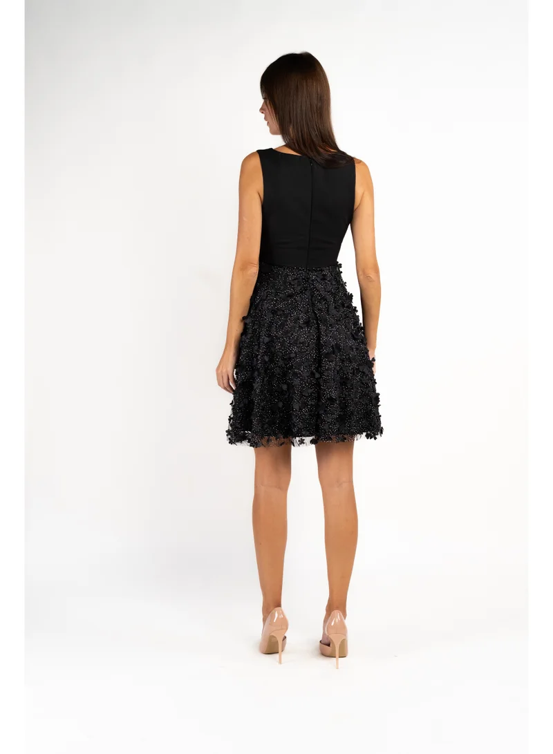 فاشونارا Black And Silver Cross Embossed Dress With A-Line Skirt