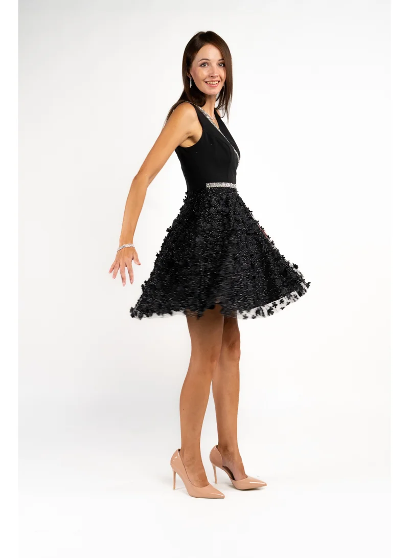 فاشونارا Black And Silver Cross Embossed Dress With A-Line Skirt