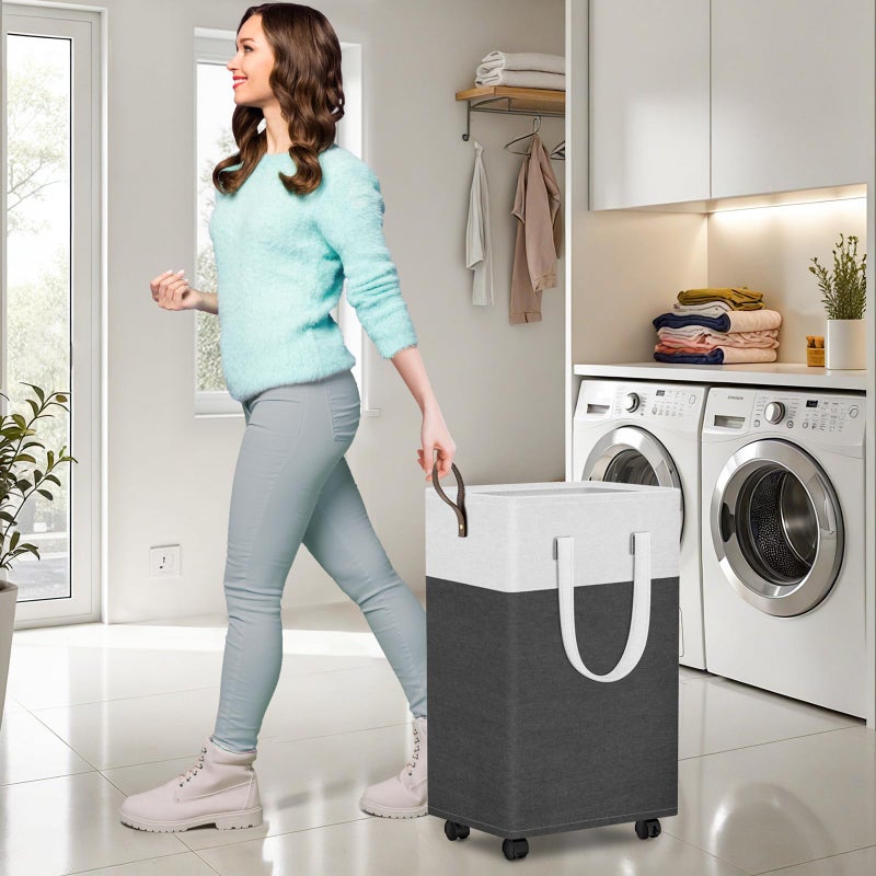 HomeHacks سلة غسيل قابلة للطي HomeHacks سعة 75 لتر مقاومة للماء - سلة ملابس مع 4 عجلات للحمام وغرفة الغسيل والسكن الجامعي، بطانة PEVA سهلة التنظيف، تصميم موفر للمساحة (رمادي) - Image 5