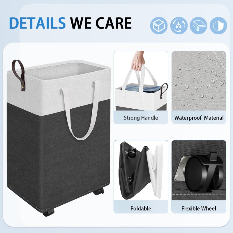 HomeHacks سلة غسيل قابلة للطي HomeHacks سعة 75 لتر مقاومة للماء - سلة ملابس مع 4 عجلات للحمام وغرفة الغسيل والسكن الجامعي، بطانة PEVA سهلة التنظيف، تصميم موفر للمساحة (رمادي) - Image 3