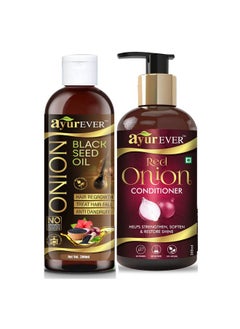 AYUREVER Red Onion Black Seed Oil - 200 Ml With Onion Conditioner - 300 Ml Combo Pack (Blackseed200+Conditioner)  - Image 1